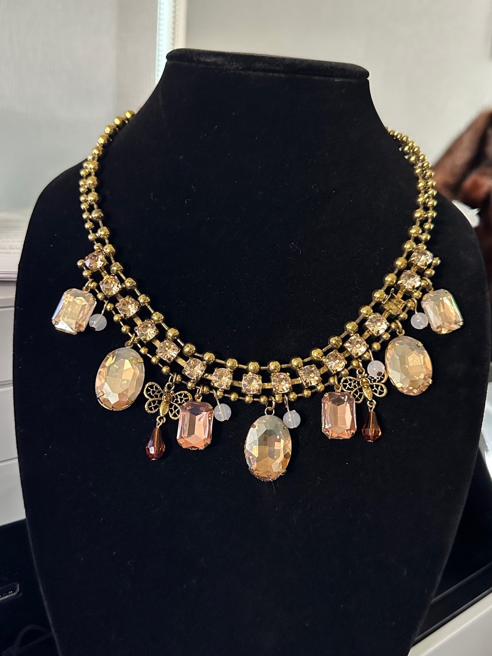 Vintage Champagne Crystal Bib Necklace Filigree Charms Adjustable 19-23"
